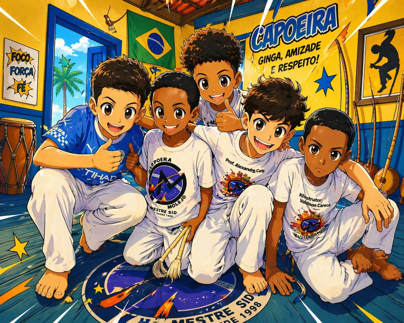 Ilustração de quatro crianças de abadá sorrindo com o logo da Capoeira Molejo e a frase ginga, amizade e respeito