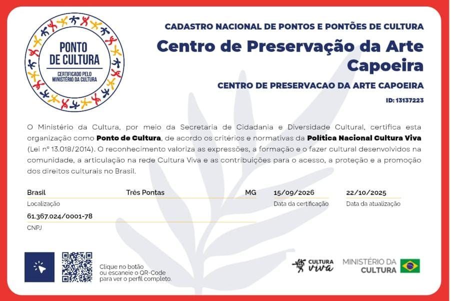 Certificado do Cadastro Nacional de Pontos e Pontões de Cultura em nome do Centro de Preservação da Arte Capoeira